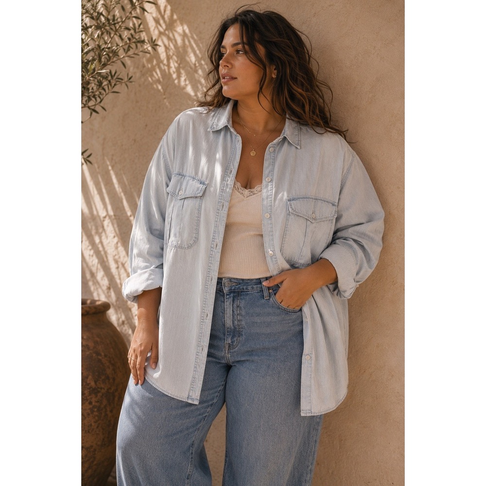 Per Se Womens Light Wash Blue Denim Button Down Shirt 2X Long Sleeve Cotton